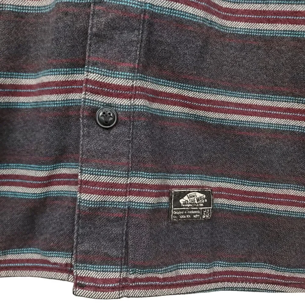 Vans Flannel Shirt Mens Medium Gray Striped Button Up Long Sleeve 100% Cotton